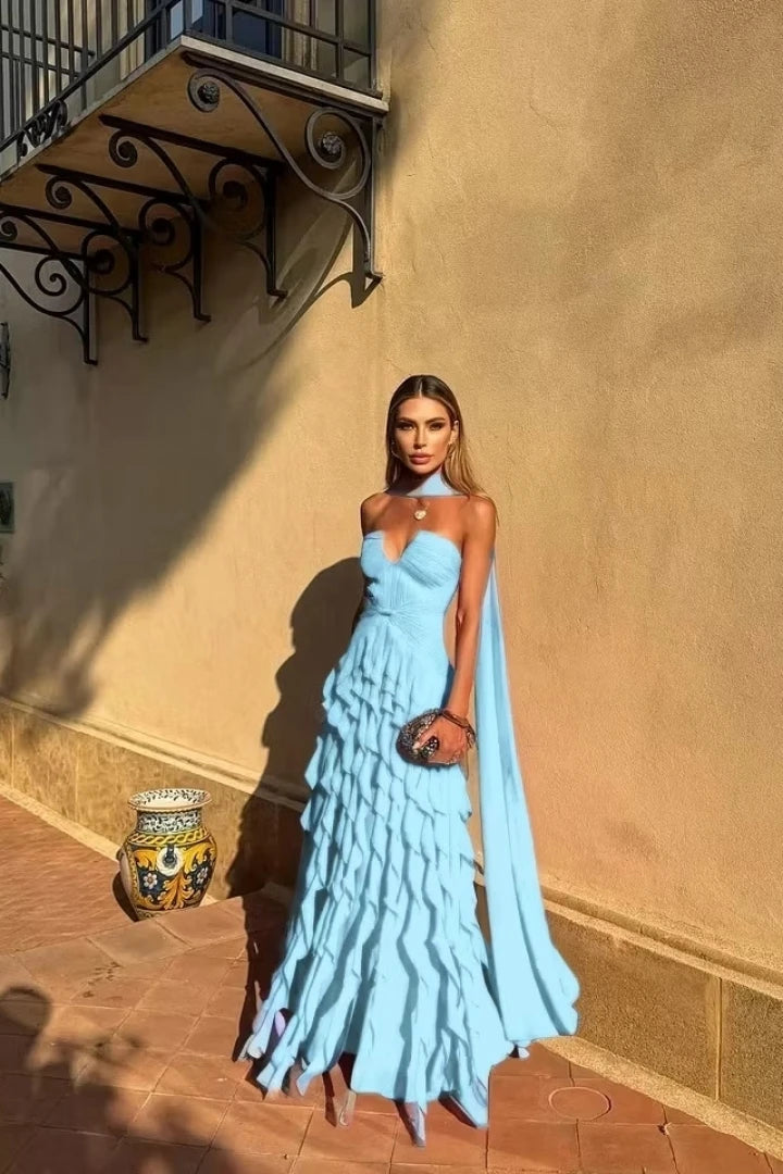 Halter Sweetheart Ruffle Chiffon Evening Gown | Maxi Dress