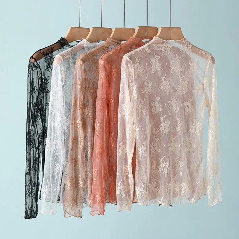 Women’s Floral Lace Mesh Mock Neck Long Sleeve Top
