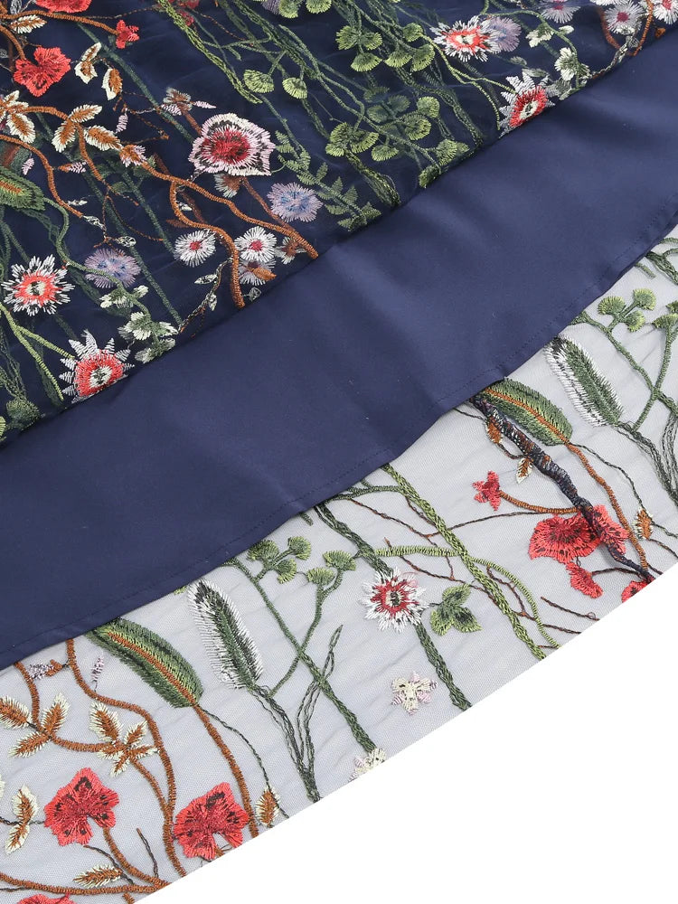 Tonval Floral Embroidered Mesh Midi Skirt – Elegant & Vintage