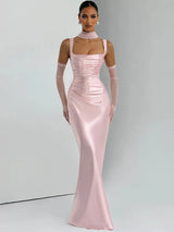 Elegant Backless Satin Maxi Dress – Sleeveless Halter Bodycon Party Gown