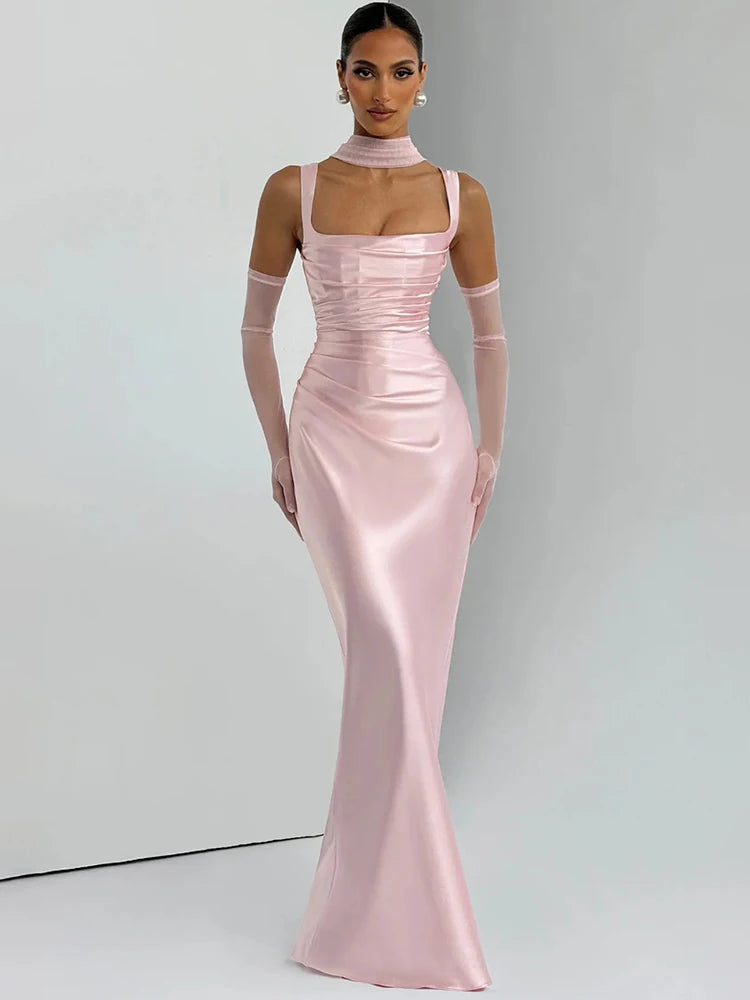 Elegant Backless Satin Maxi Dress – Sleeveless Halter Bodycon Party Gown