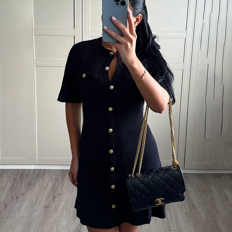 Elegant Metal Button Ribbed Mini Dress