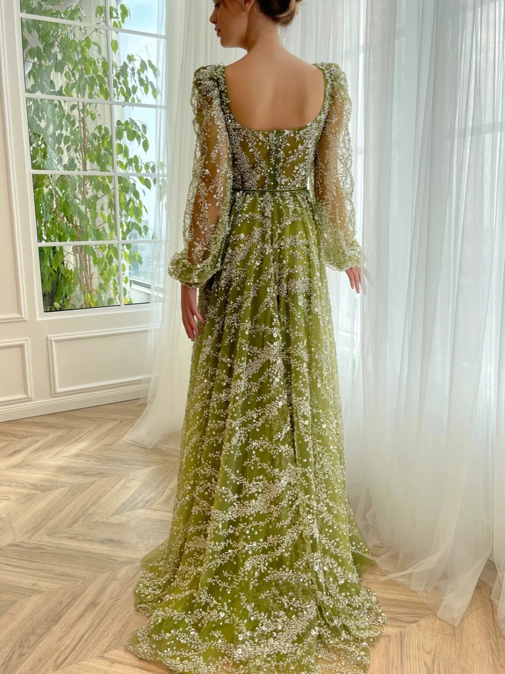 Glitter A-Line Evening Gown | Square Neck & Pearl Lace