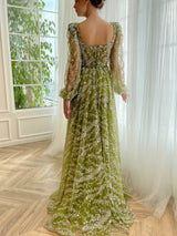 Glitter A-Line Evening Gown | Square Neck & Pearl Lace