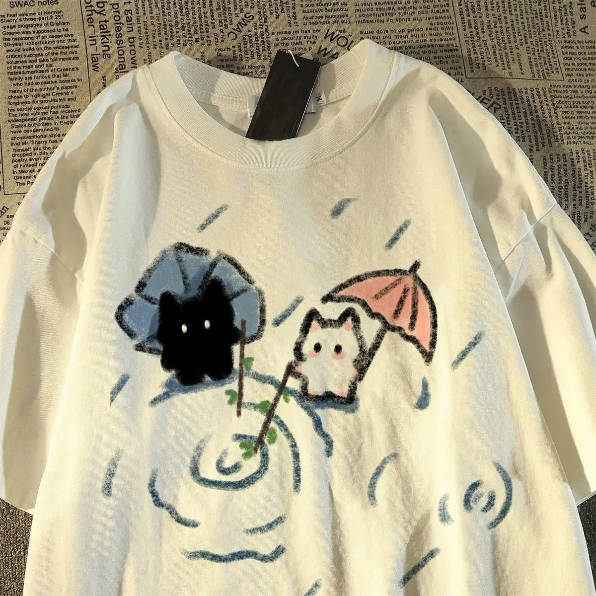Whimsical Japanese Cat Graphic Tee – Women's Summer Top