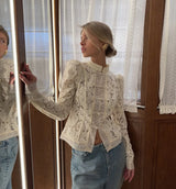 2026 Summer Lace Printed Shirts Tops Female Hollow Out Fashion Commute Vintage See-Through Blouse Women's Lace Shrug Shirts New