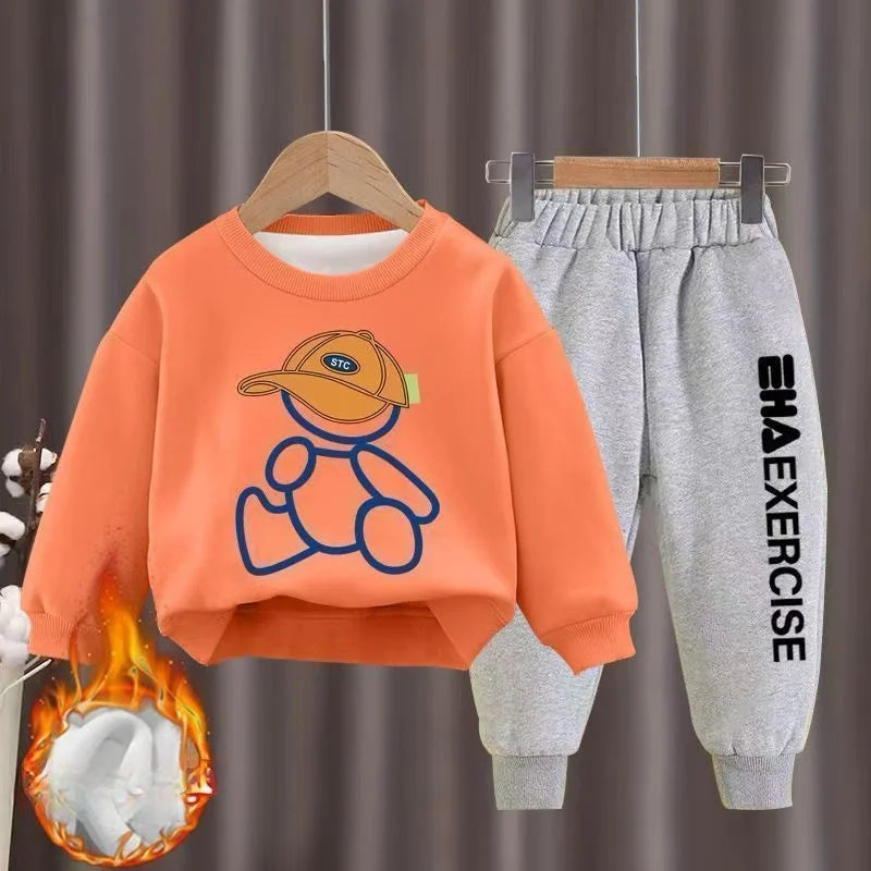 Kids' Winter Cartoon Bear Fleece Tracksuit