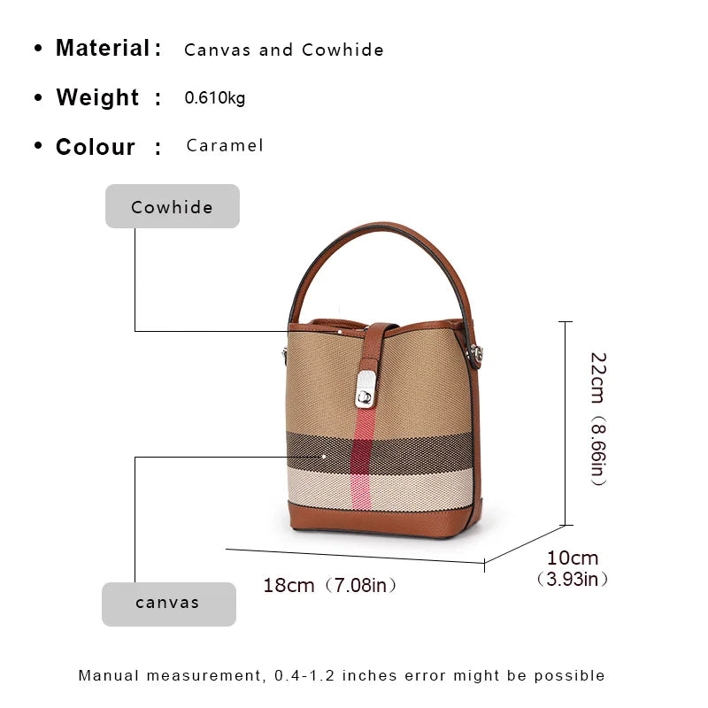 New canvas paired with cowhide women's shoulder crossbody bag, fashionable plaid pattern bucket bag
