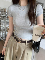 Y2K Vintage Slim Fit Crop Top - Solid Crewneck Short Sleeve Tee
