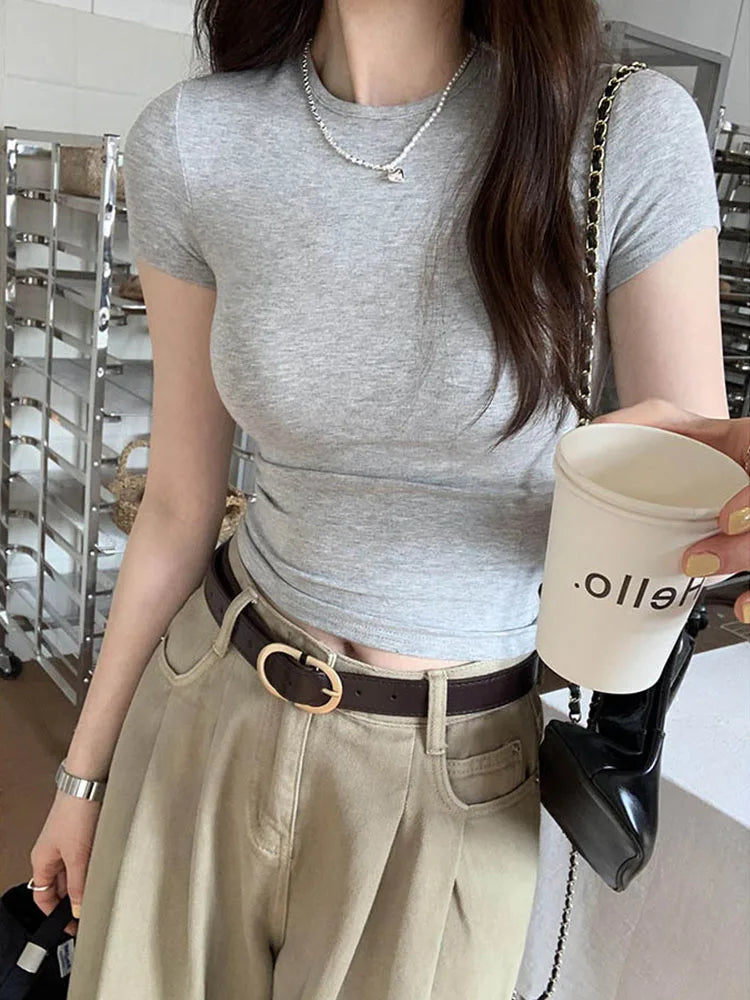 Y2K Vintage Slim Fit Crop Top - Solid Crewneck Short Sleeve Tee