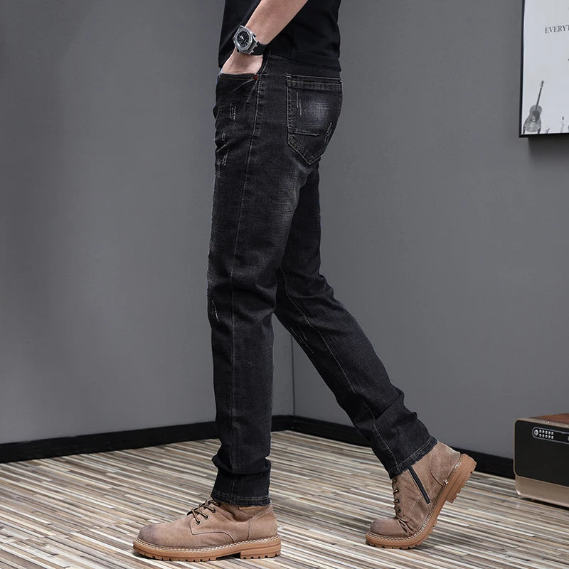 Embroidered Jeans Men's Autumn Winter New Korean Fashion Slim Little Feet Trousers Stretch Vintage Street Denim Trousers Male