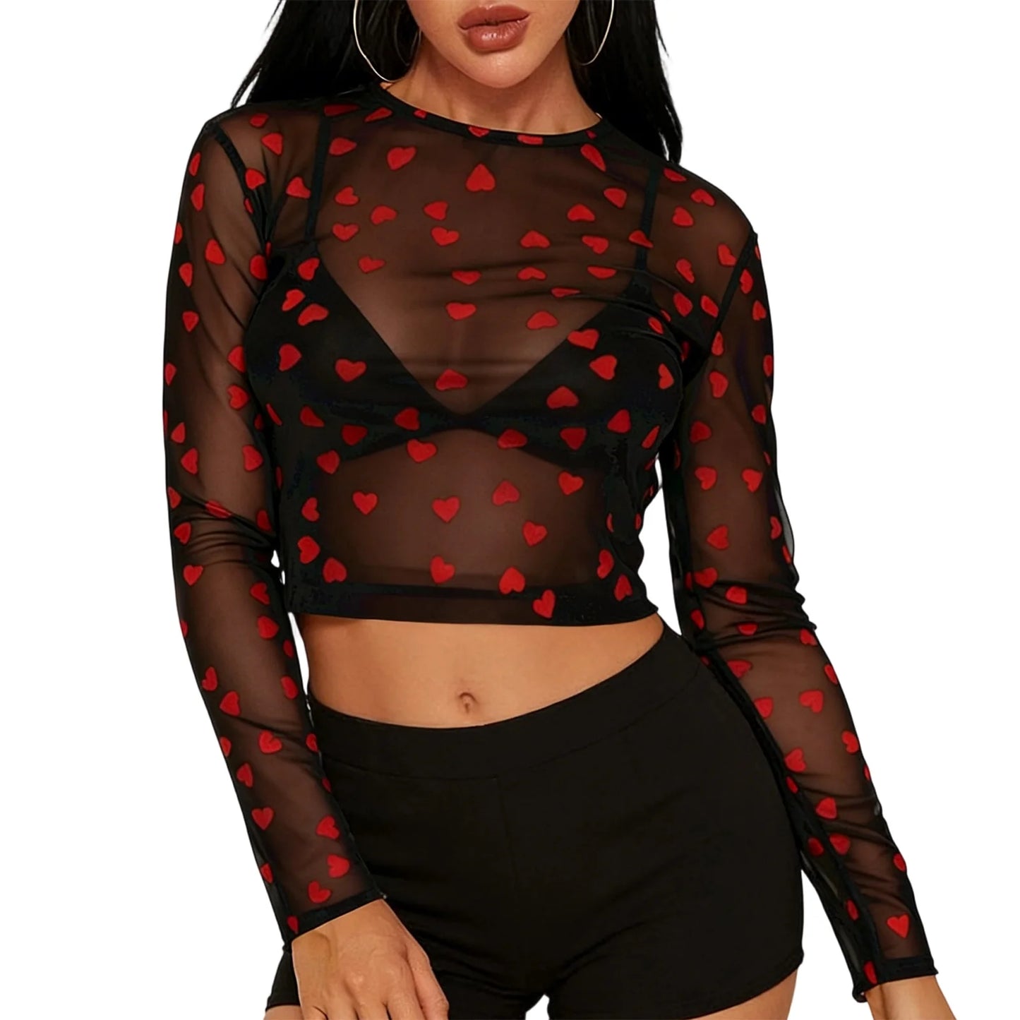 Heart Print Mesh Long Sleeve Crop Top