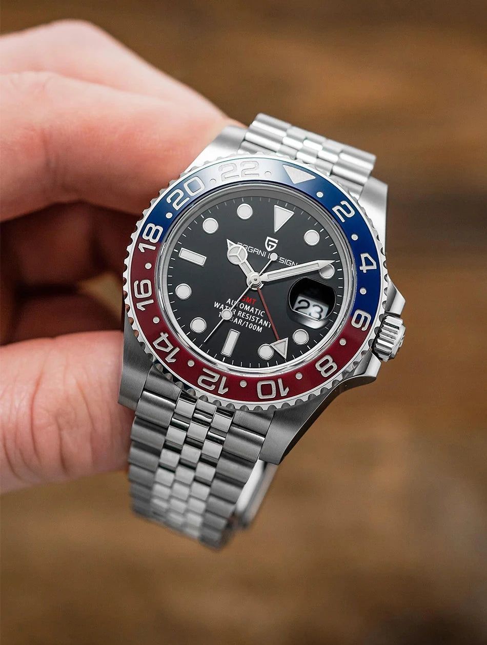 PAGANI DESIGN GMT Automatic Watch — Sapphire Crystal, 10-Bar Waterproof, 40mm