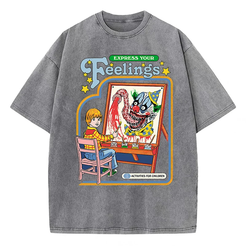 Unisex Washed Vintage Clown Graphic Cotton T-Shirt