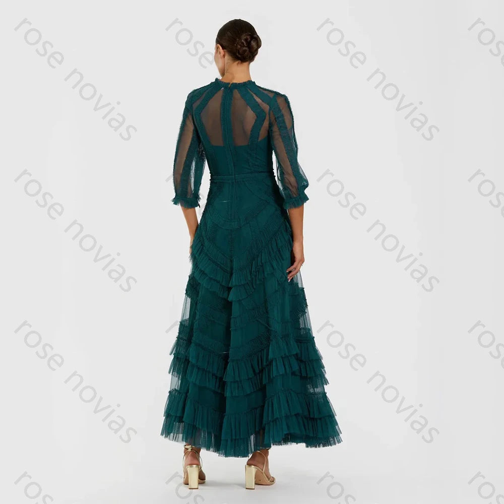 Customized Green Tulle High Quality Evening Dresses O-neck for Floor-Length Tiered A-line for Formal Evening Vestidos De Fiesta