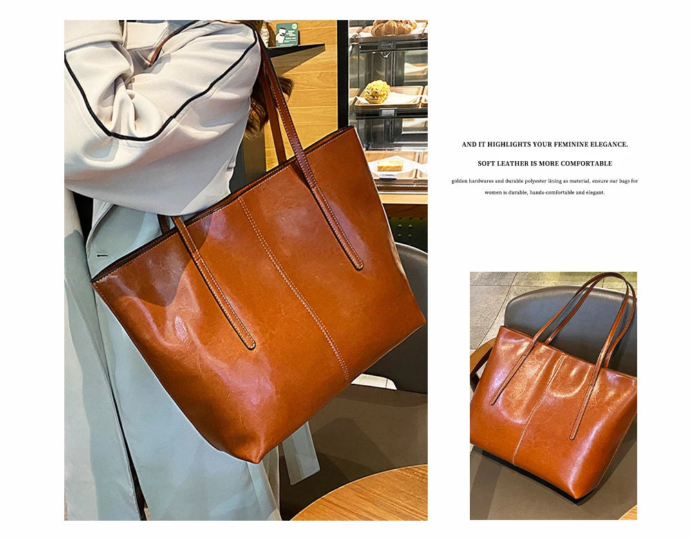 New Coffee Women Handbag 100% Genuine Leather Ladies Shoulder Purse Ladies Black Tote Bag Large Capacity Shopper Bags Brown