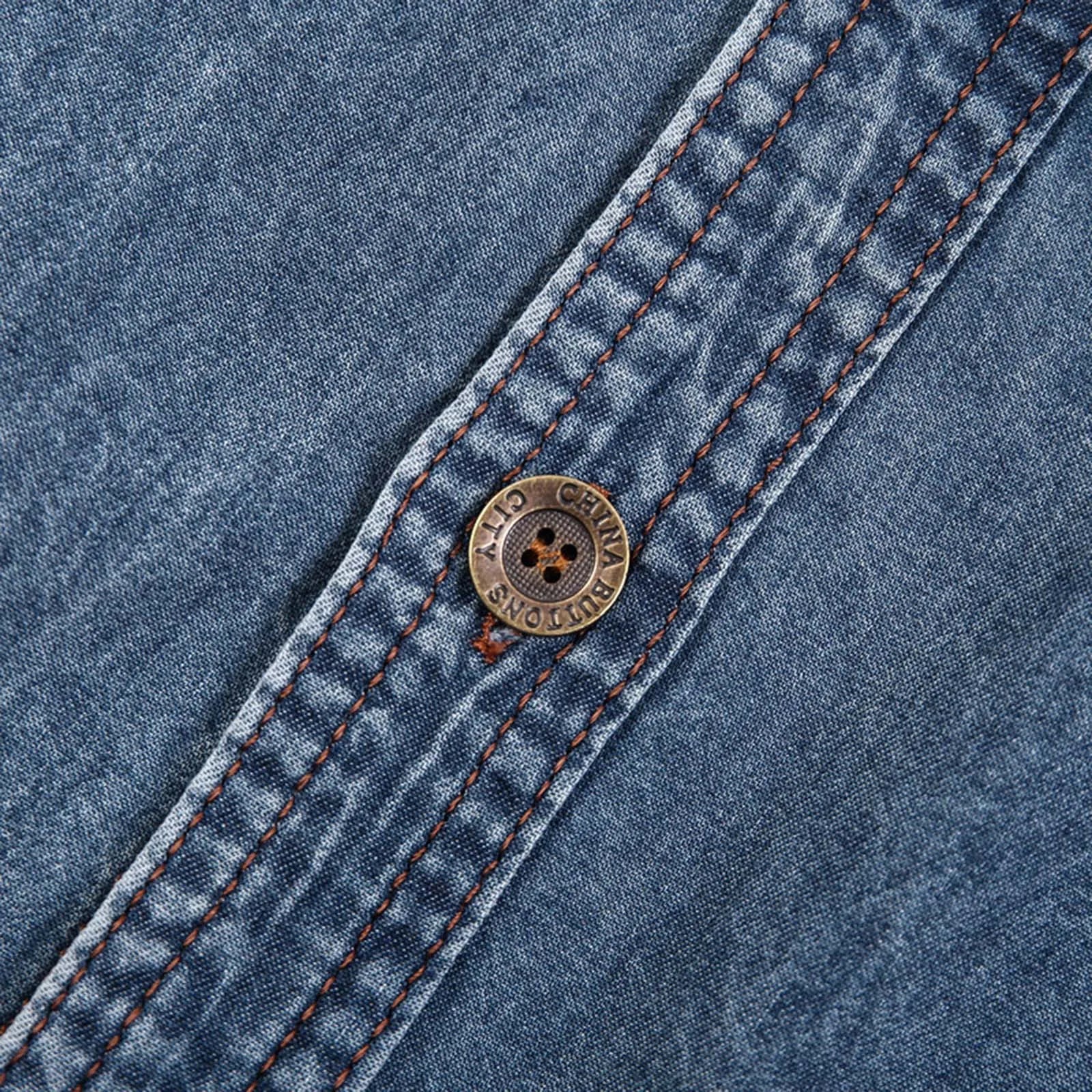 Vintage Street Denim Shirts For Men Male Summer Solid Shirt Short Sleeve Pocket Turn Down Button Shirt Hemden FüR MäNner