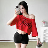 KSylCue Letter Print Off-Shoulder Crop Top