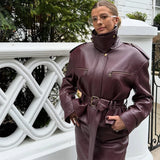 Vintage Fashion Elegant High Neck Leather Jacket 2025 New Exquisite Cinched Waist Short Coat High Street Faux Leather Clothes