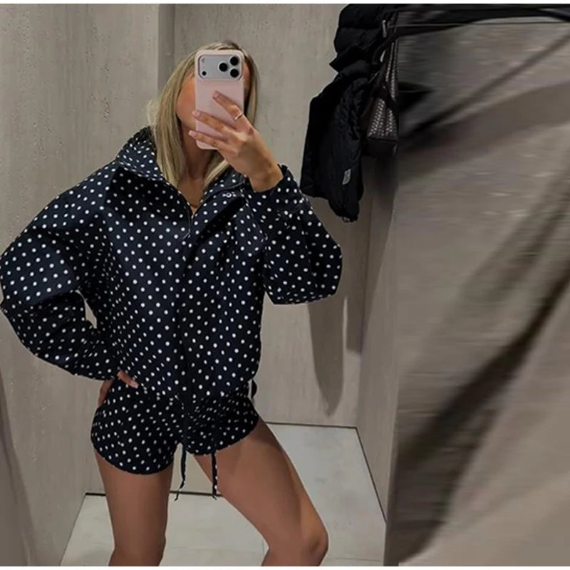Fashion Navy Polka Dot Shorts Set For Women Casual Stand Collar Zipper Jacket & High Waist Shorts Lady 2026 Spring Chic Outfits
