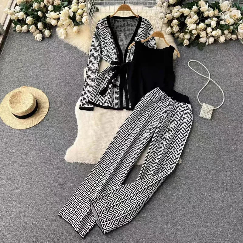 3-Piece Women’s Knitted Set: V-Neck Belted Cardigan & High-Waist Wide-Leg Pants