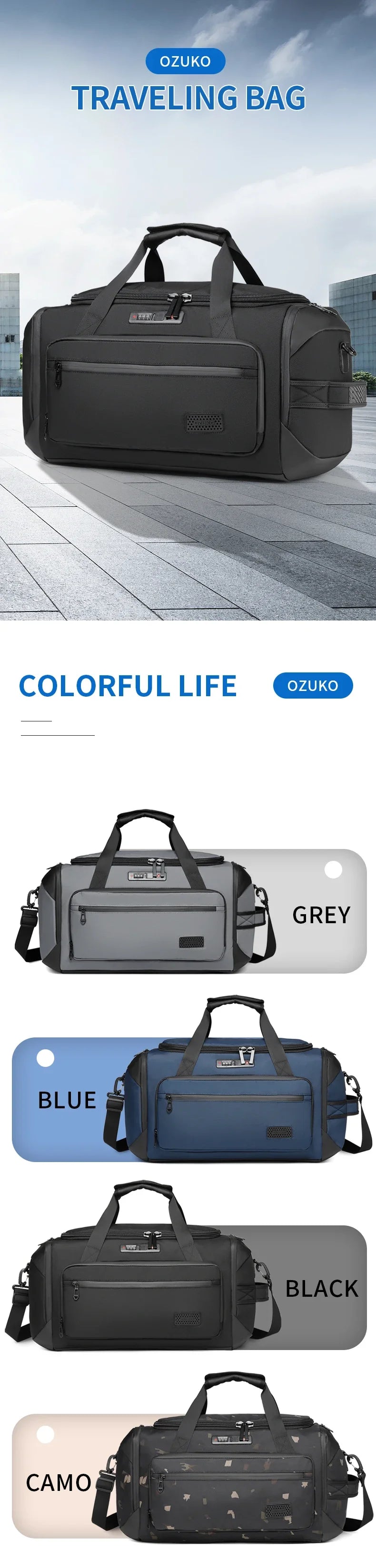 OZUKO Waterproof Bag Bagsmart Handbags Large Capacity Carry On Luggage Bags Men Business Duffel Shoulder Outdoor Tote Weekend