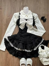Japanese Sweet Lolita 2 Piece Sets Women Retro Off Shoulder Bow Blouse Tops Plaid Cake Mini Skirt Girls Kawaii Y2k Slim Outfits