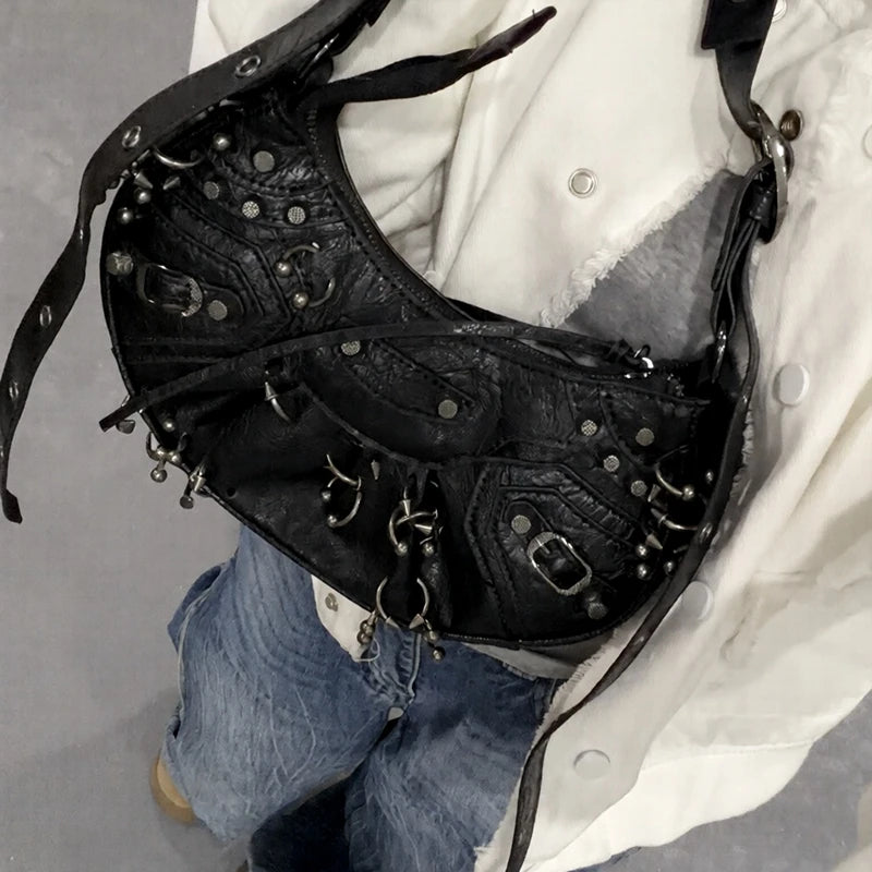  ﻿ 2026 New Women's Fashion Shoulder Bag European Vintage Style Cropped Studded Motorcycle Bag Soft Material Crossbody Design