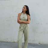 Women Green Bowknot Wide-leg Pant Suits Chic Solid Sleeveless Lace Up Slim Fit Long Pant Sets 2026 Lady Daily Street Outfits New
