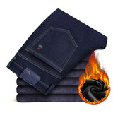 Men Autumn Winter Fleece Lined Thickened Jeans Male Business Straight Leg Loose High Waist Denim Pants Stretch Casual Trousers