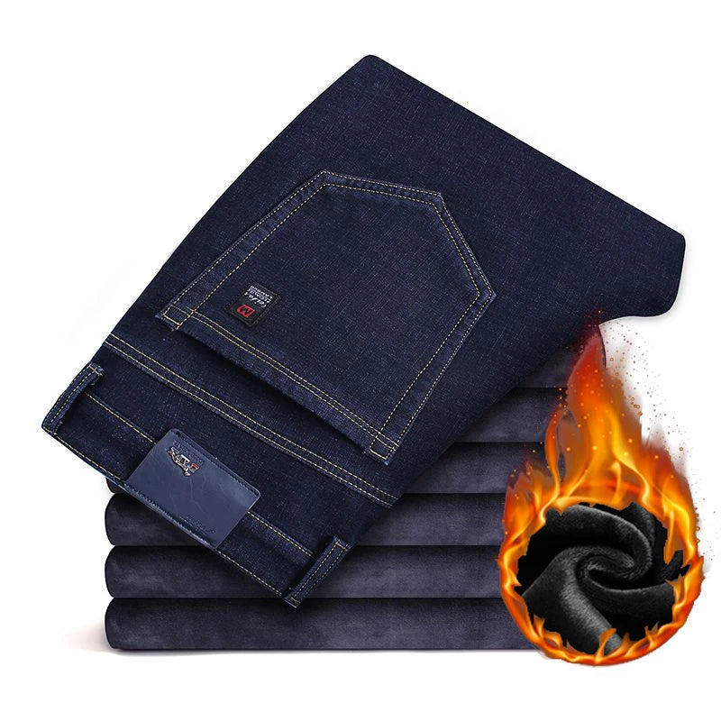 Men Autumn Winter Fleece Lined Thickened Jeans Male Business Straight Leg Loose High Waist Denim Pants Stretch Casual Trousers