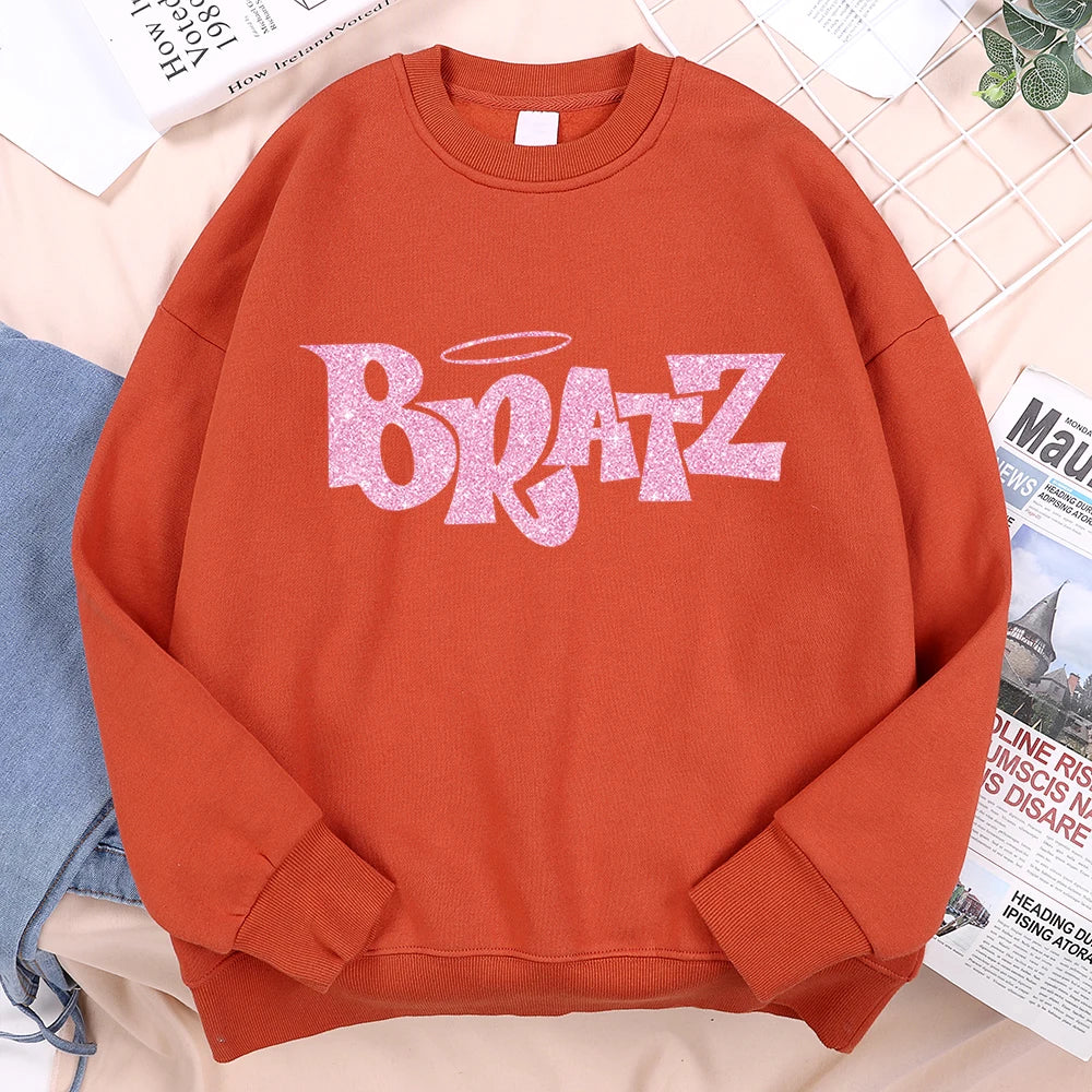 Pink Cartoon Letters Bratz Print Sweatshirts Mens Casual Fleece Clothes Creativity Warm Hoodie Autumn Loose Streetwear Pullover
