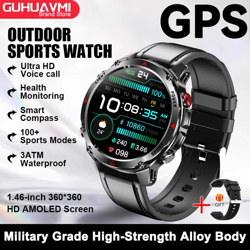 2026 New Military Bluetooth Call Smart Watch Built-in GPS Compass Barometric Altimeter 10ATM Waterproof Sports Smartwatches Men