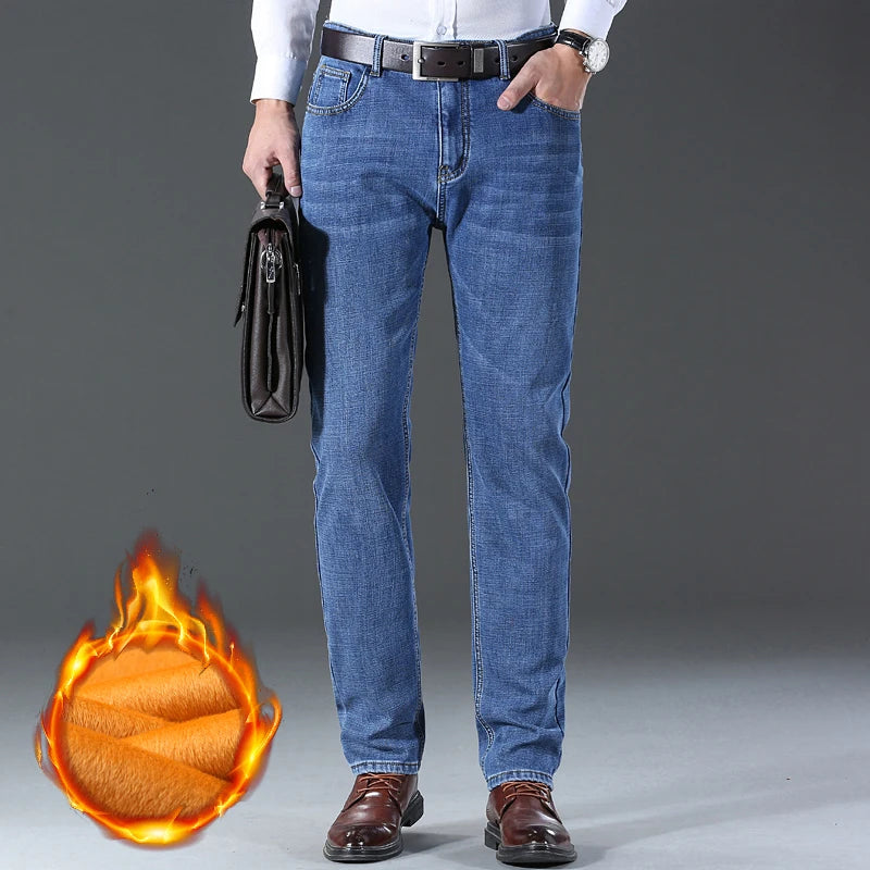 Brand Men Jean Warm Autumn Winter Loose Straight Jeans Male Casual Fleece Lined Thickened Denim Pant Elastic Waist High Trousers