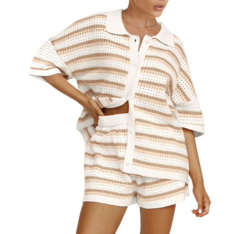 2025 Summer Women'S Hollow Striped Knitted 2 Pieces Set Short Sleeve Flip Collar Cardigan Single Breasted Casual Shorts Suits