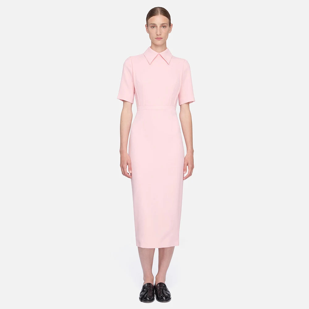 Customized Pink Cocktail Dress Short Sleeves Point Collar Modern Party Gowns Midi Tea Length Simple Women's Formal Dresses 2026