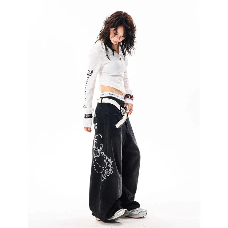 Women's Vintage Embroidery Y2K Wide Leg Baggy Jeans