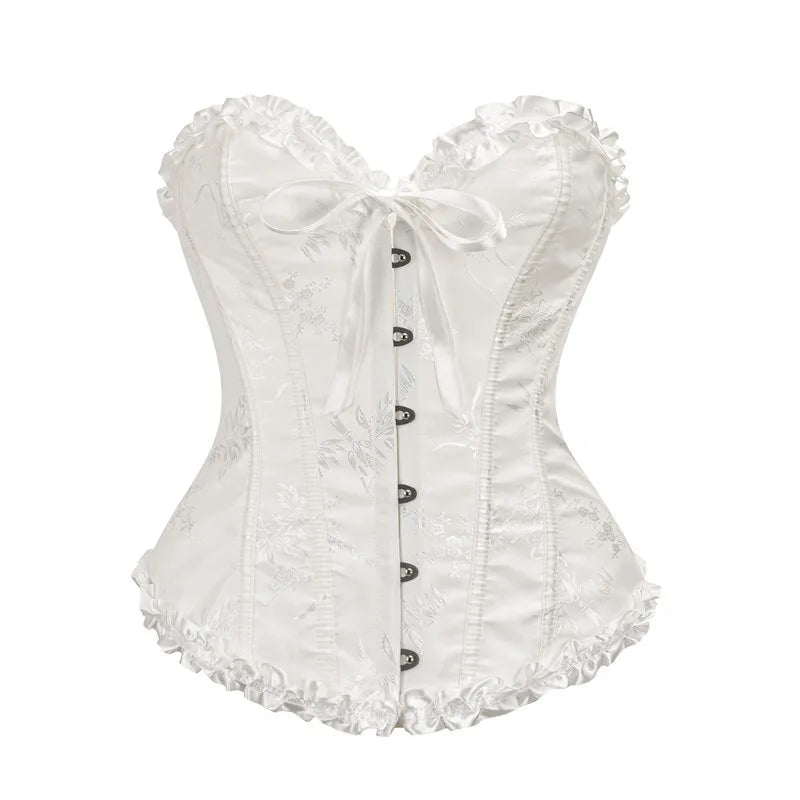 USA-Made Jacquard Ruffled Overbust Corset – Gothic Victorian Push-Up Bustier