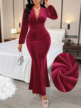 Women’s Elegant V-Neck Velvet Mermaid Evening Gown