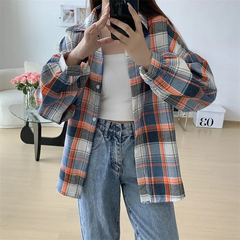 Vintage Plaid Long-Sleeve Blouse