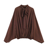ETJ Women's Polka Dot Blouse Skirt Set 2026 Spring High Neck Batwing Sleeve Sheer Front Tie Bow Midi A-Line Dress Set