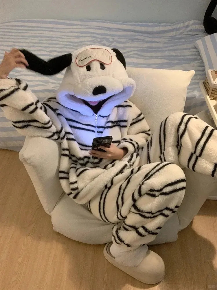 Cute Girl Cartoon Puppy Hooded Coral Fleece Pajamas Set Women's Winter New Thickened Large Size Loungewear Pajamas for Women