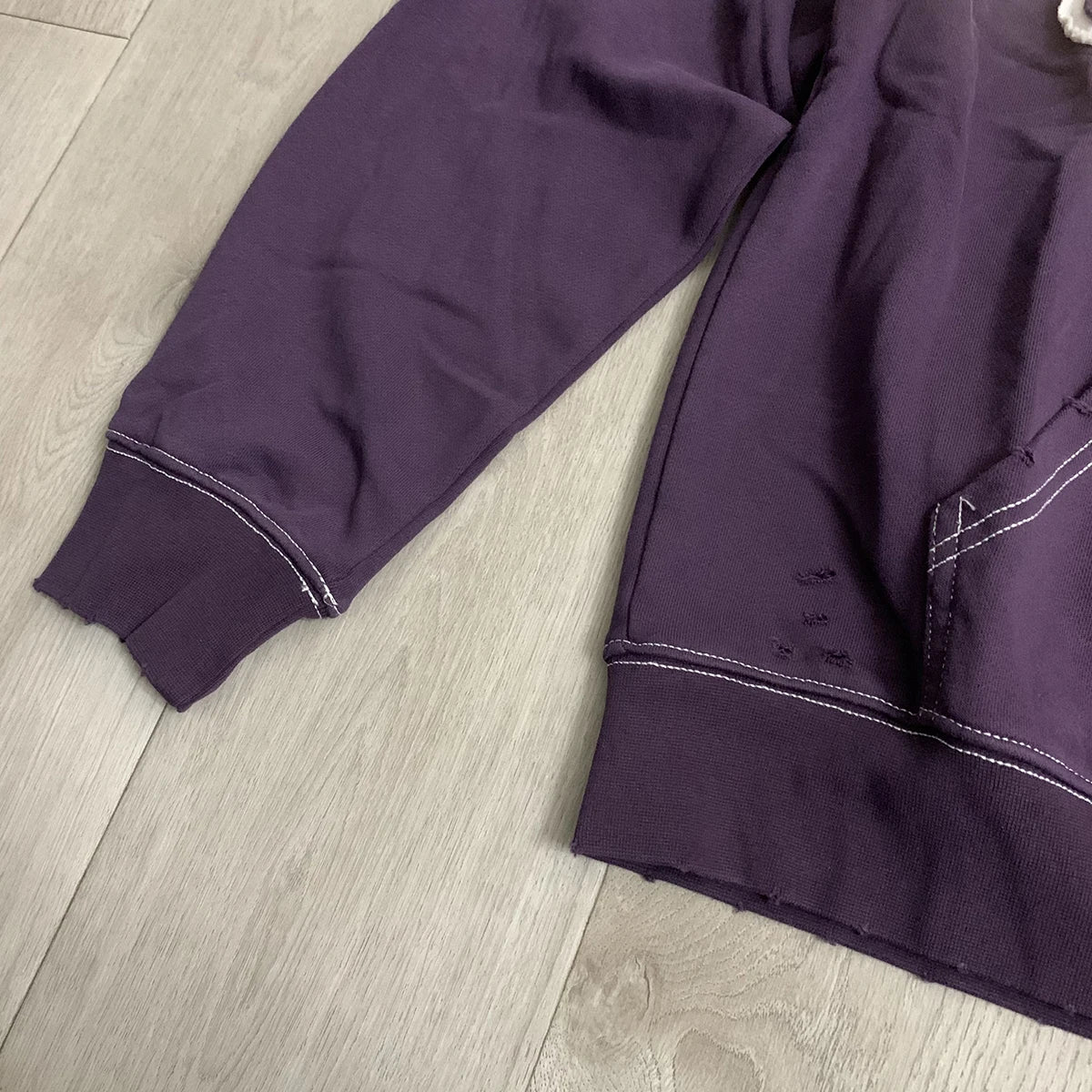 Streetwear Patchwork Letter Embroidery Zipper Terry Hooded Hoodie for Men Distressed Hole Cardigan Sweatshirt Jacket Oversized