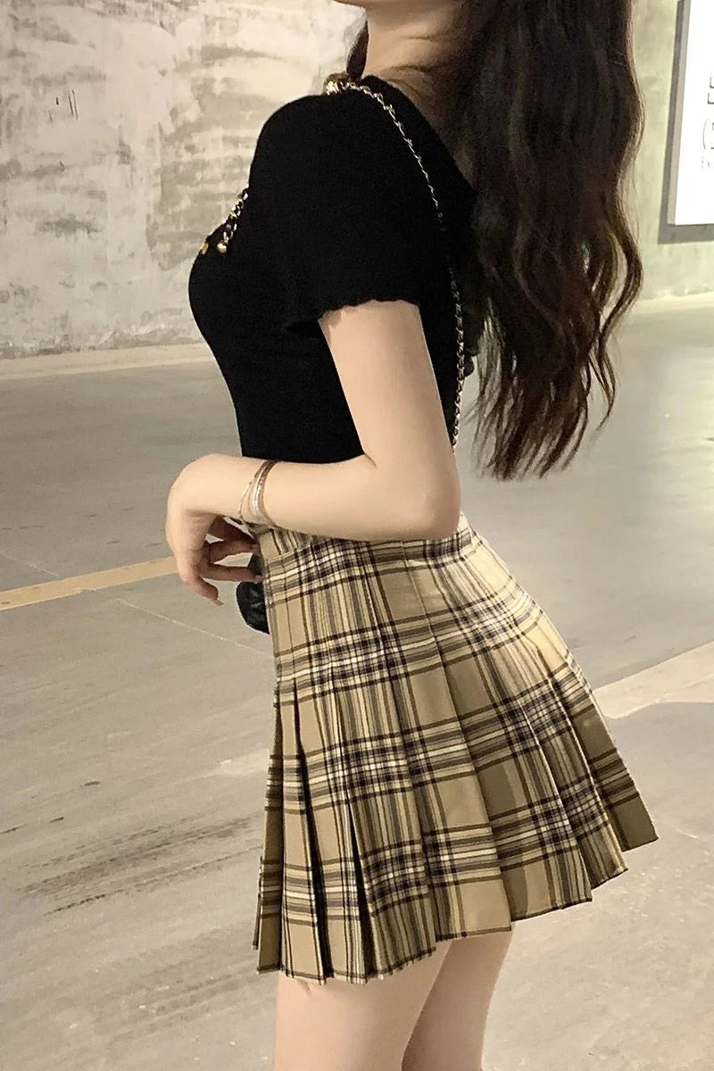 Plaid A-Line Mini Skirt – High Waist, Pocketed