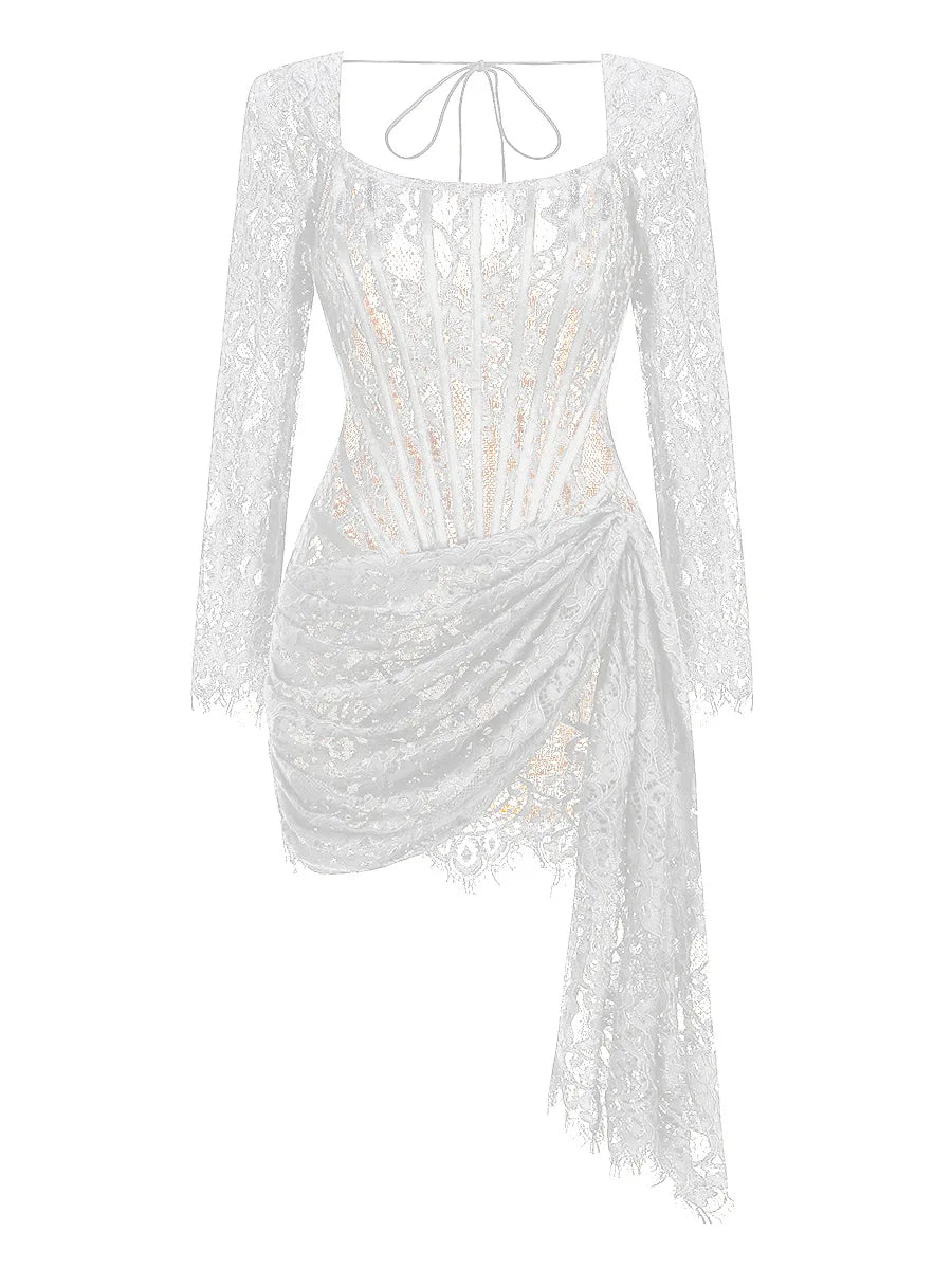 Strapless Lace Mini Dress – Elegant Sheer Patchwork Slim Fit Evening Dress