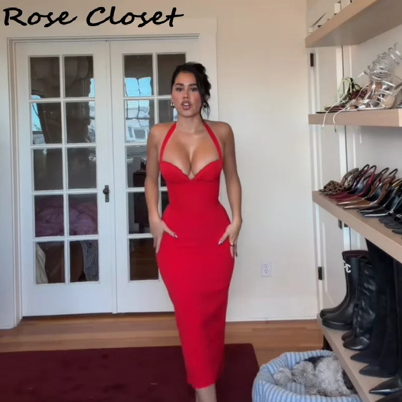 Elegant Bodycon Midi Dress – Halter Neck Evening Gown