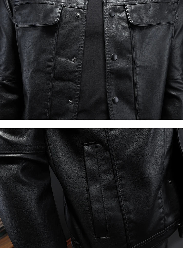 2024 Autumn and Winter New Men's Fashion Handsome with Solid Color Boutique Lapel Motorcycle Leather Coat Slim Fashion  M-5XL