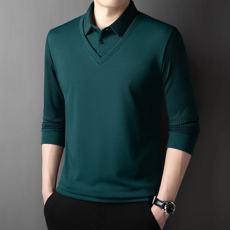 Men's Contrast Polo Shirt – Relaxed Long Sleeve Layered Look