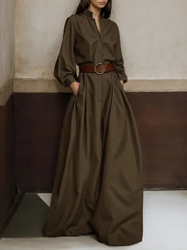 High-Waisted Wide Leg Jumpsuit - Half-Collar Long Sleeve One-Piece