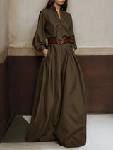 High-Waisted Wide Leg Jumpsuit - Half-Collar Long Sleeve One-Piece